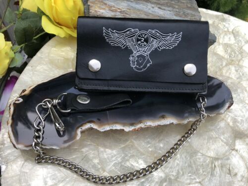Black Leather Silver Flying Wings Live 2 Ride Motorcycle Wallet Chain Zipper USA