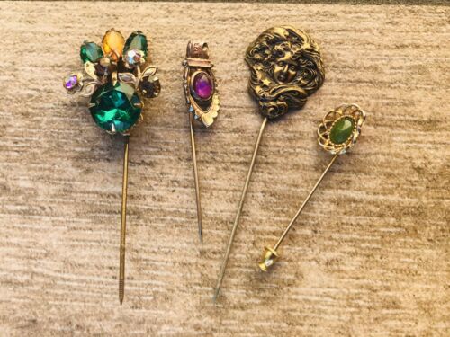 Vintage Multicolor Rhinestone Gold Tone Stone Star Woman Stick Pin Set 4 Pins