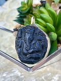 Antique Carved Black Stone Spiritual Deity Ganesh Elephant Amulet Silver Pendant