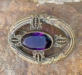 Antique Ornate Gold Tone Purple Gem Stone Brooch Pin