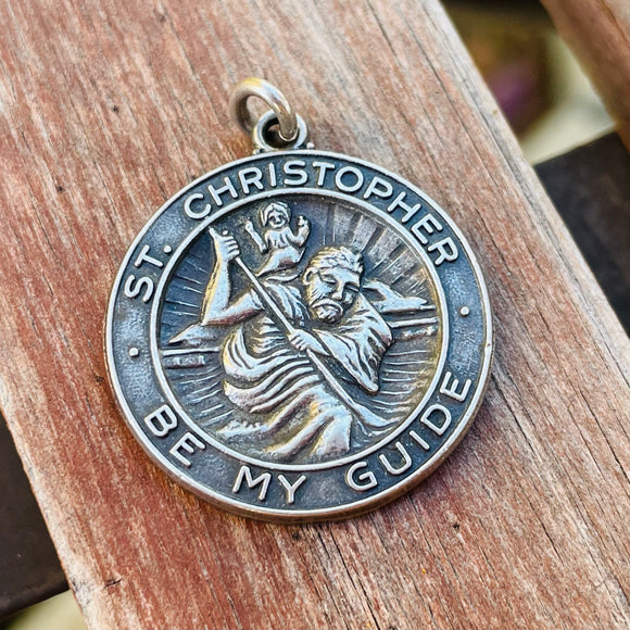 Vintage Sterling Silver St Christopher Be My Guide Religious 2 Side Pendant 7.5g