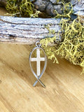 Vintage Christian 925 Sterling Silver Ichthys Jesus Fish Cross Pendant Charm