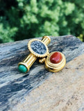 Coral Lapis + Malachite Italian Coin Brooch Pin