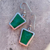 Sterling Silver 925 Trapezoid Jade Tone Green Gem Stone Dangle Earrings 6.5g