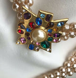 Kenneth J Lane Multi Color Rhinestone Maltese Cross Faux Pearl 3 Strand Necklace