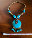 Faux Turquoise Tribal Beaded Large Dangle Pendant Statement Fashion Necklace