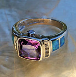 Sterling Silver 925 Faceted Purple Amethyst + Opal Inlaid Signed AK Ring