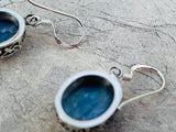 Sterling Silver 925 Blue Fluorite Gem Stone Bali Oval Dangle Drop Earrings 5.5g