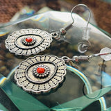 Silver Tone Mandala Red Stone Pierced Dangle Drop Hanging Fashion Earrings