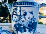 Vintage Japanese Artist Signed Blue White Painted Asian Children Ceramic Tea Pot