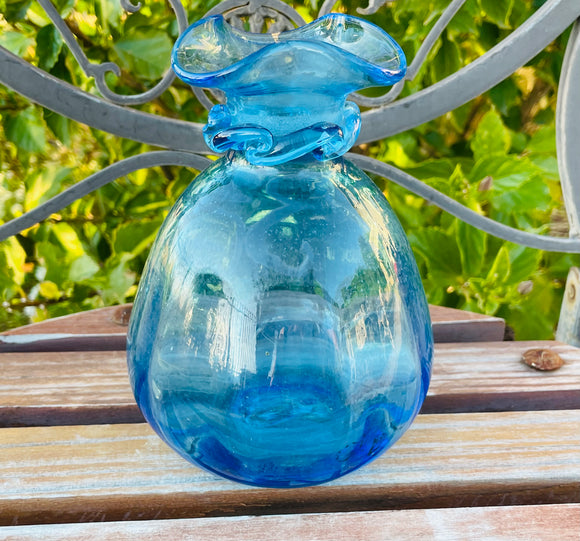 Vintage Hand Blown Pontil Blue Art Glass Decorative Vase w Ruffle Top