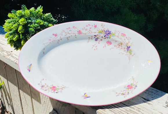 Vintage Ceramic White Colorful Floral Butterfly Flower Serving Tray Plate Dish