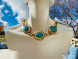 Faux Turquoise Blue Stone Gold Tone Link Statement Link Choker Necklace