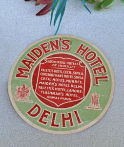 Vintage Maiden's Hotel Delhi Luggage Label