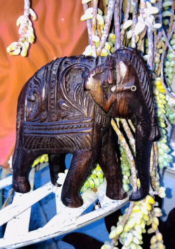 Vintage Hand Carved Ornate Dark Wood Elephant Sculpture