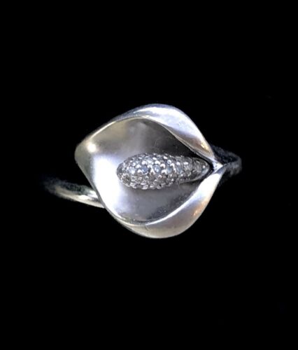Vintage Sterling Silver 925 EA Diamond Calla Lily Flower Ring Size 6