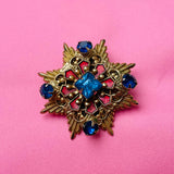 Antique Ornate Gold Tone Metal Colorful Bue Red Rhinestone Star Crest Brooch Pin