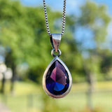 Sterling Silver 925 Amethyst Stone Tear Drop Pendant Box Chain Necklace 4.4g