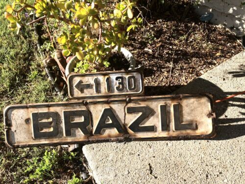 Antique Brazil 1130 Embossed Metal White & Black Road Street Sign Rare
