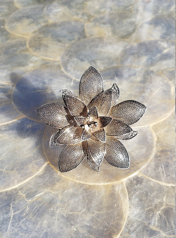 Vintage Sterling Silver 3D Filigree Ornate Flower Pin Brooch
