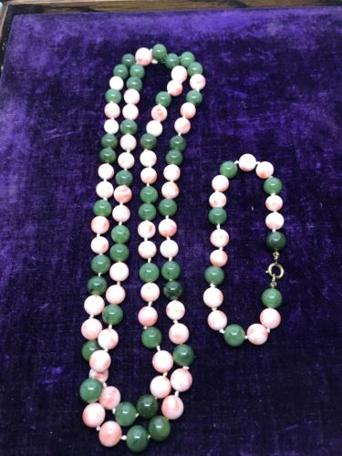 Genuine Jade And Coral 35 Inch Bead Necklace And Bracelet Set