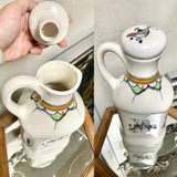 Vintage Signed Hand Painted Sun Bird Ceramic Pottery Bottle Jug Lid Top & Handle