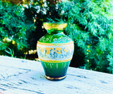 Vintage Green & Gold Tone Hand Painted Horse Chariot Art Glass Decorative Vase