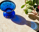 Vintage Italy Cobalt Blue Art Glass Gold Tone Artisan Hand Painted Floral Vase
