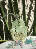 Antique Hand Carved Green Jade Jadeite Foo Dog Dragon Pendant Amulet Necklace
