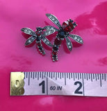 Vintage Silvertone Accented Dragonfly Pin w Red + Black Rhinestones