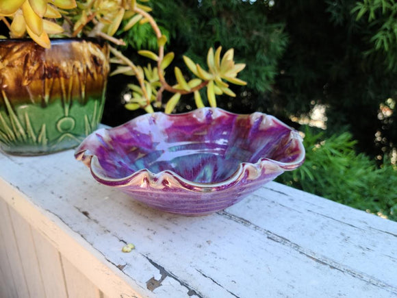 Studio Pottery Vintage Artisan Signed Purple Pink Swirl Ceramic Art Glazed Bowl