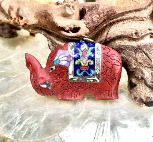 Antique Chinese Cloisonné Enamel Hand Carved Cinnabar Inlay Elephant Pendant