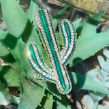 Vintage Enamel Emerald Green Cactus Desert Rhinestone Fashion Brooch Pin