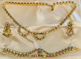 NOS Gold Tone Aurora Borealis Rhinestone Pierced Earrings Necklace Bracelet Set