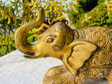 Vintage Ornate Heavy Etched Brass Elephant Trunk Up Art Decor Figurine Bookend