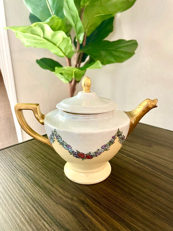 Antique Signed 18 Cechoslovakia Tea Pot Lusterware Floral Gold Gilt Czech Teapot