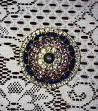 Vintage Signed Monet Purple + Pink Rhinestone Round Brooch Pin