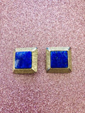 Vintage Signed Bobley Square Gold Tone and Blue Stone Clip On Earrings