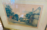 Vintage Hand Painted Watercolor Little Town Gold Tone Ornate Frame Painting Art