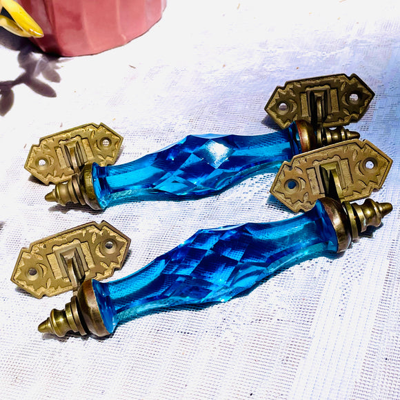 Antique Ornate Cobalt Blue Cut Crystal Brass Door Handles Arizona Castle Rare