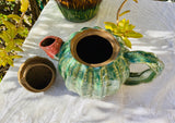 Green Ceramic Glazed Art Cactus Blossom Pink Flower Tea Pot Vintage Teapot