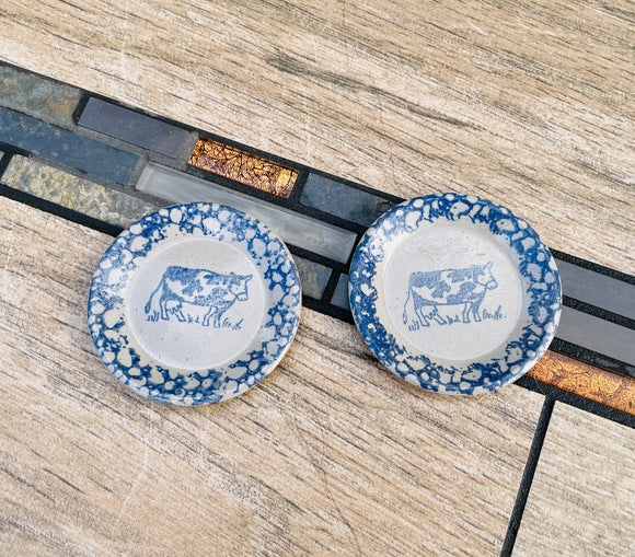 Vintage Ceramic Cow Dairy Blue Speckled Trinket Dish Plate Set of 2 Small Plates