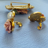 Vintage Porcelain Rose Floral Faux Pearl Gold Clip On Earrings Brooch Pin Set
