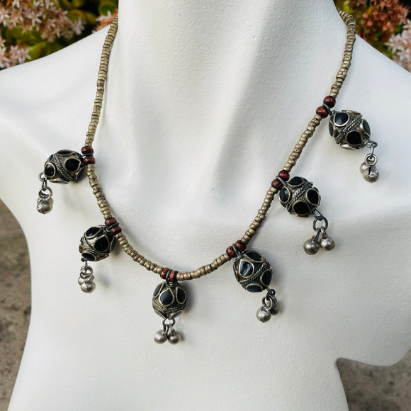 Vintage Silver Tone Beaded Bell Tribal Black & Red Bead Necklace