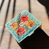 Vintage Carved Micro Stone Floral Mosaic Brass Colorful Trinket Box Silver Tone