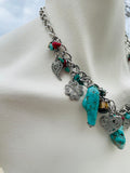 Turquoise Coral Silver Tone Tigers Eye Multi Bead Fashion Charm Toggle Necklace