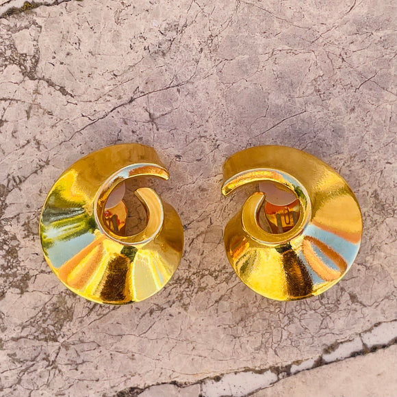 Vintage Signed Avon Gold Tone Spiral Swirl Chunky Clip On Fashion Earrings