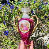 Limoges France Lourdes Porcelain D' Art Pink Gold Tone Couple Vase w Handles