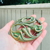 Vintage Gold Tone Brass Bronze Green Calla Lily Leaves Fashion Belt Buckle