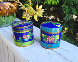 Antique Chinese Cloisonné Enamel Floral Cylindrical Trinket Box Ginger Jar Set